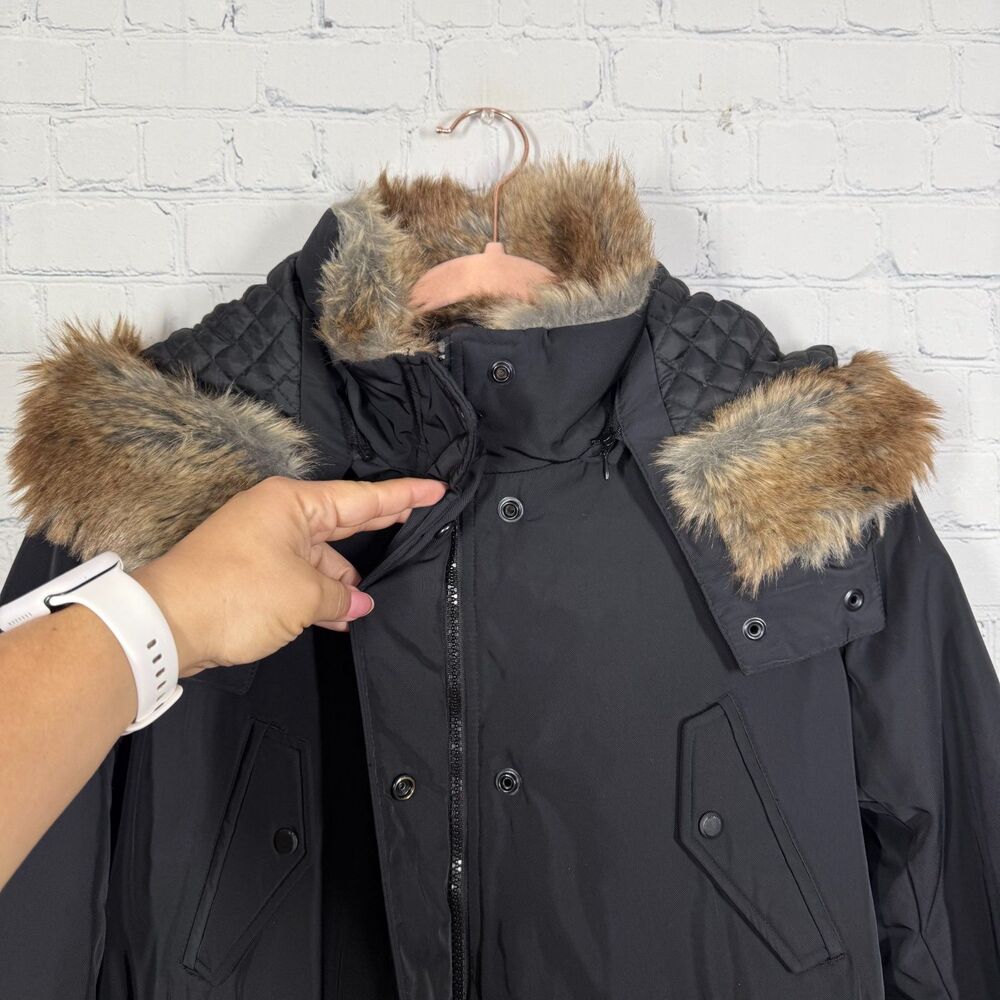 Marc New York Womens Medium Black Down Puffer Parka Coat Faux Fur Hood Long - Picture 9 of 16